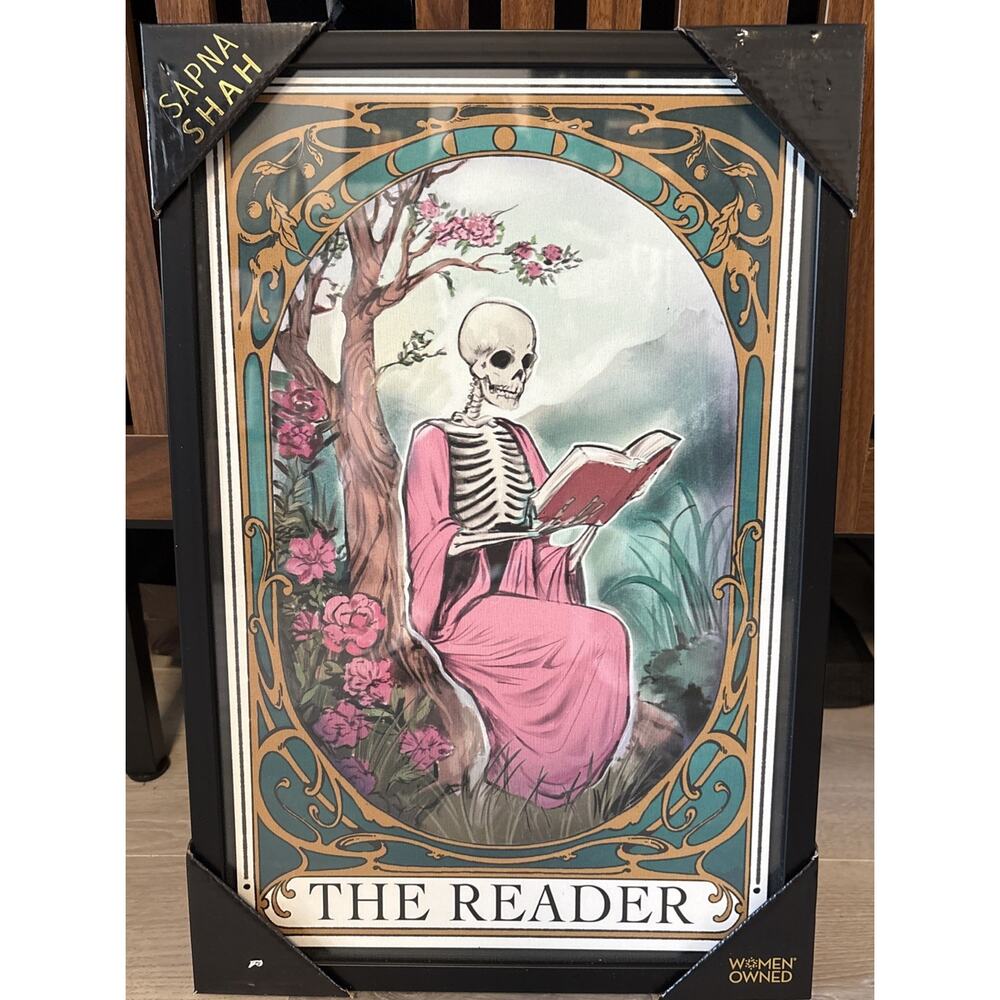 New Sapna Shah Framed Art “The Reader” Print Skeleton Tarot Card Books 12” x 18”